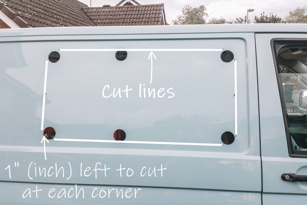 A labelled picture showing how to cut around the pilot holes with the jigsaw blade to cut out the panel where the camper van window will go.