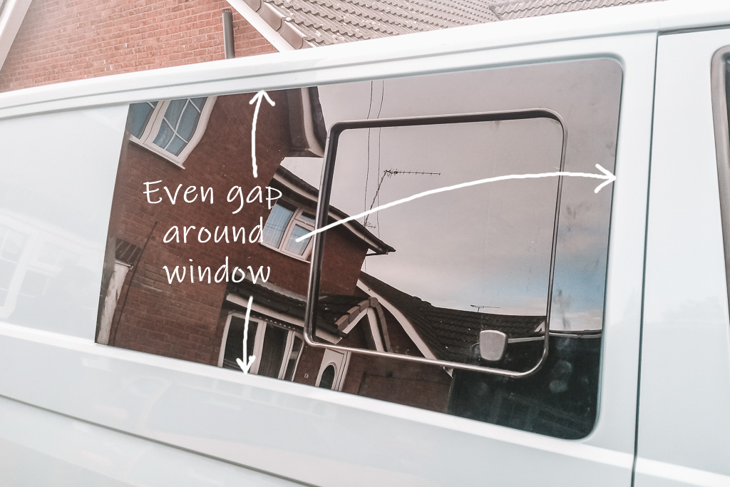 Labelled picture showing the correct placement of a bonded campervan window.