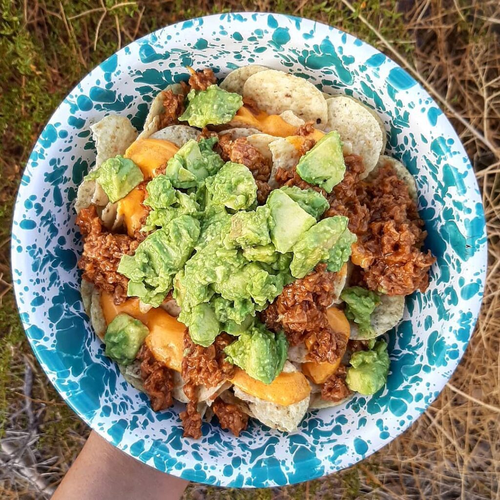 A camping bowl full of vegan food