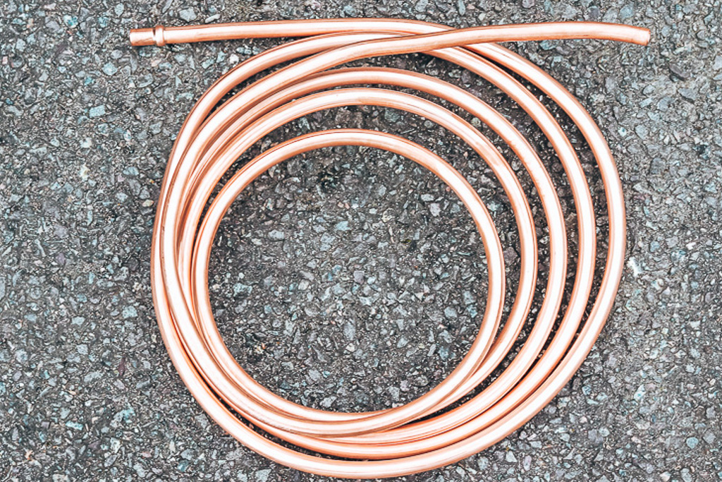 Curled up copper pipe for campervan heater gas installation