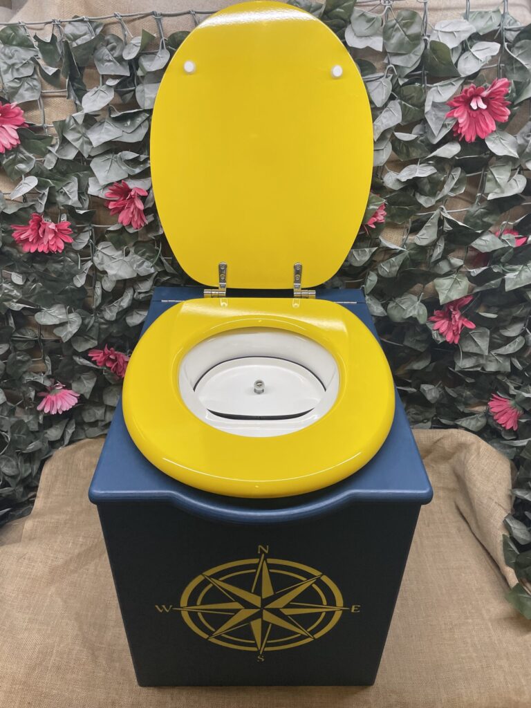 A modesty bung in a urine separator in a blue and yellow composting toilet