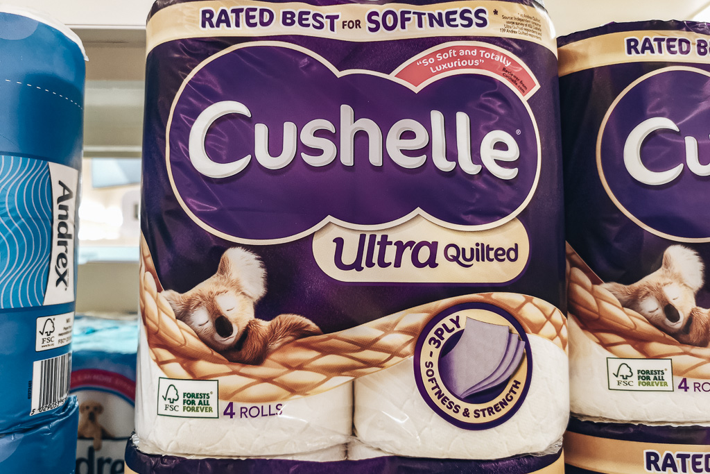 A pack of Cushelle ultra quilted toilet paper