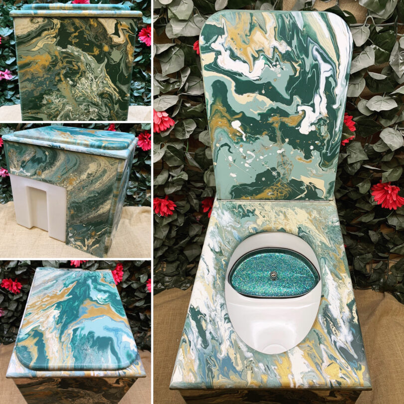 A hand painted green, white and gold marble effect composting toilet with a green glittery modesty bung
