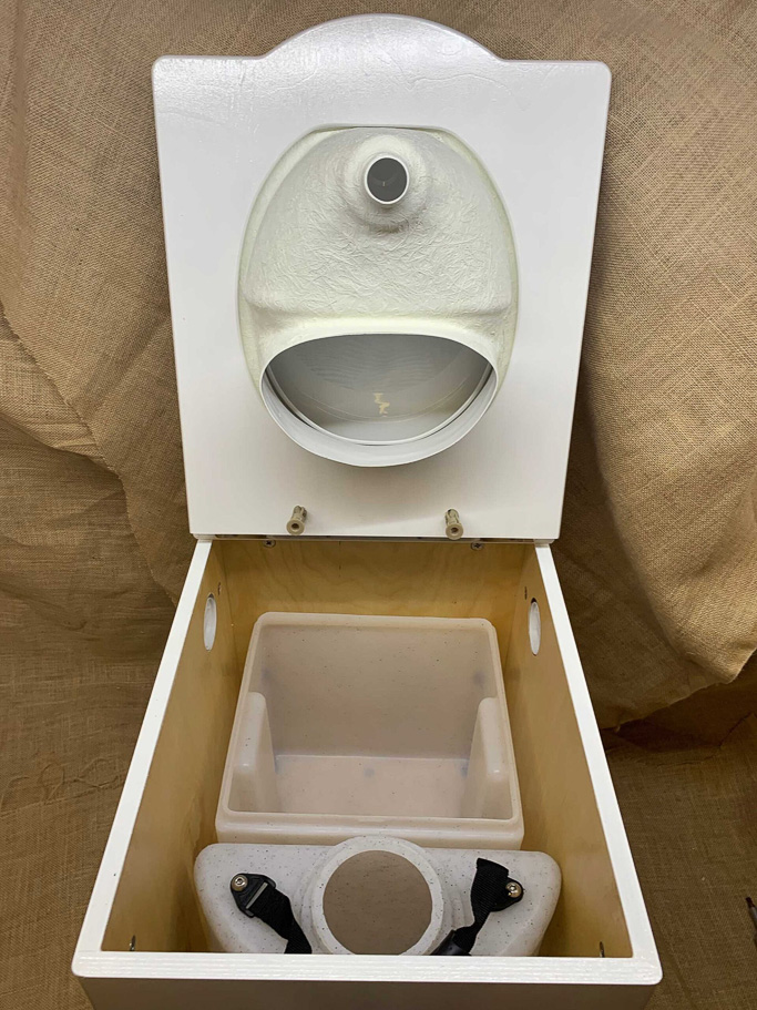 The urine container and solids bucket inside a compost campervan toilet
