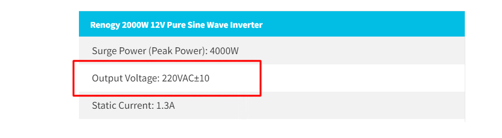Output voltage of the Renogy 2000w pure sine wave inverter - 220 volts AC + - 10 volts